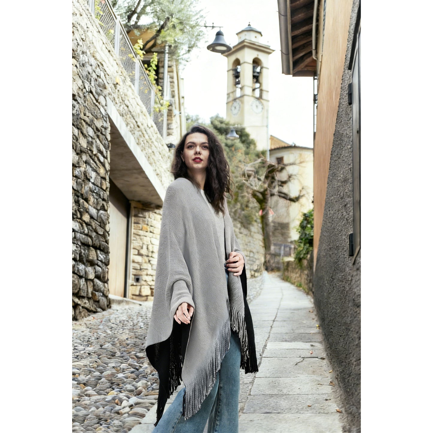 Karla Hanson Women's Reversible Knit Poncho Shawl Grey - Karla Hanson