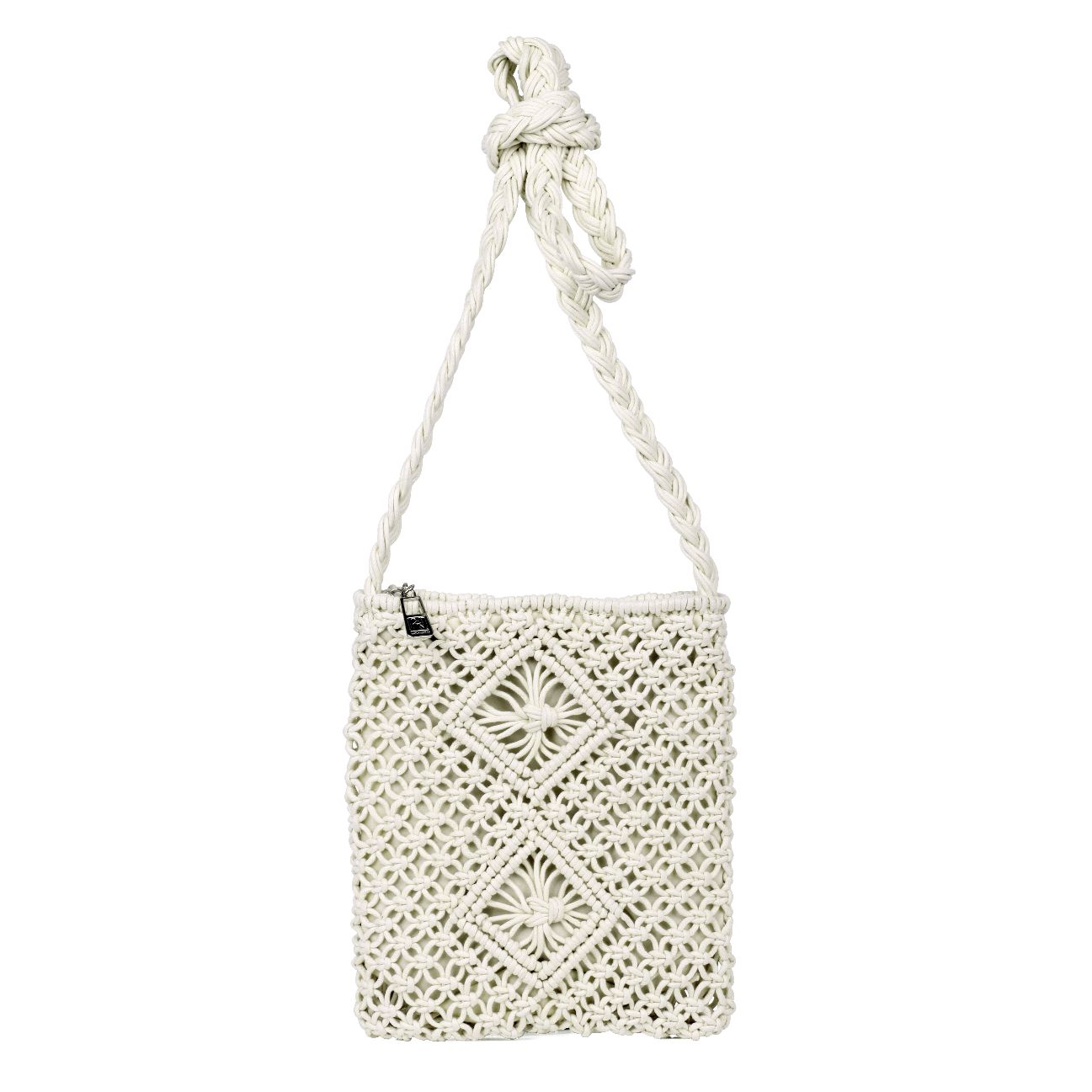 Handcrafted white macramé shoulder bag with intricate geometric patterns and a twisted rope strap.