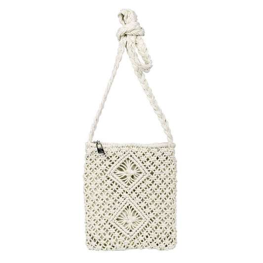 Handcrafted white macramé shoulder bag with intricate geometric patterns and a twisted rope strap.