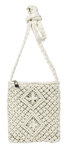 Handcrafted white macramé shoulder bag with intricate geometric patterns and a twisted rope strap.