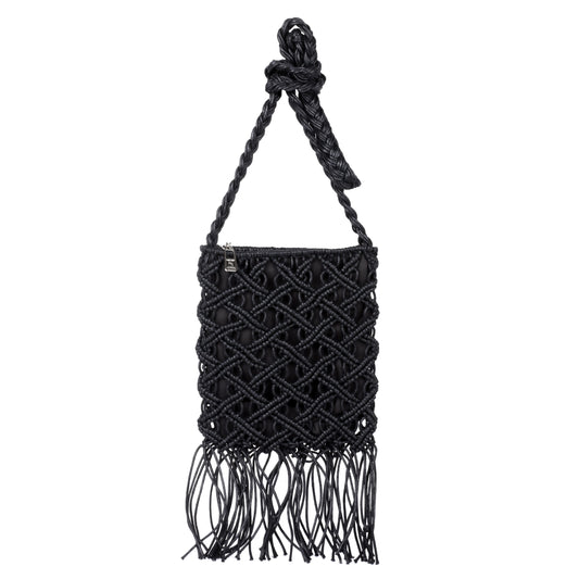 Black macramé shoulder bag with intricate knot patterns, fringe details at the bottom, and a twisted rope strap.