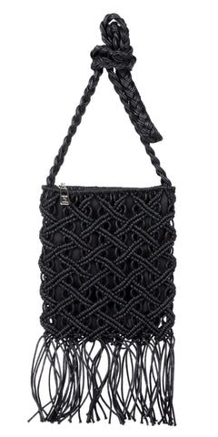 Black macramé shoulder bag with intricate knot patterns, fringe details at the bottom, and a twisted rope strap.