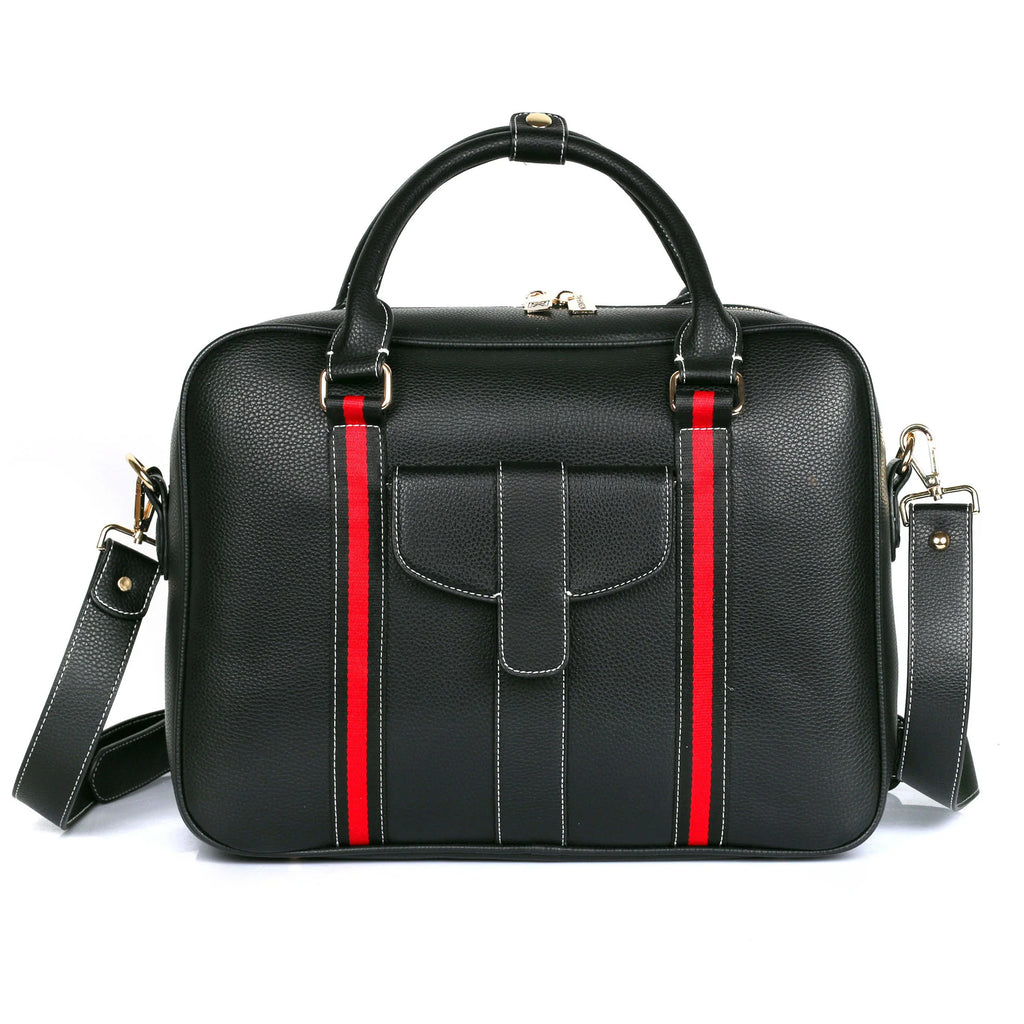 Vegan Leather Briefcase with Front Pocket in Red Stripe - view 2 - Karla Hanson
