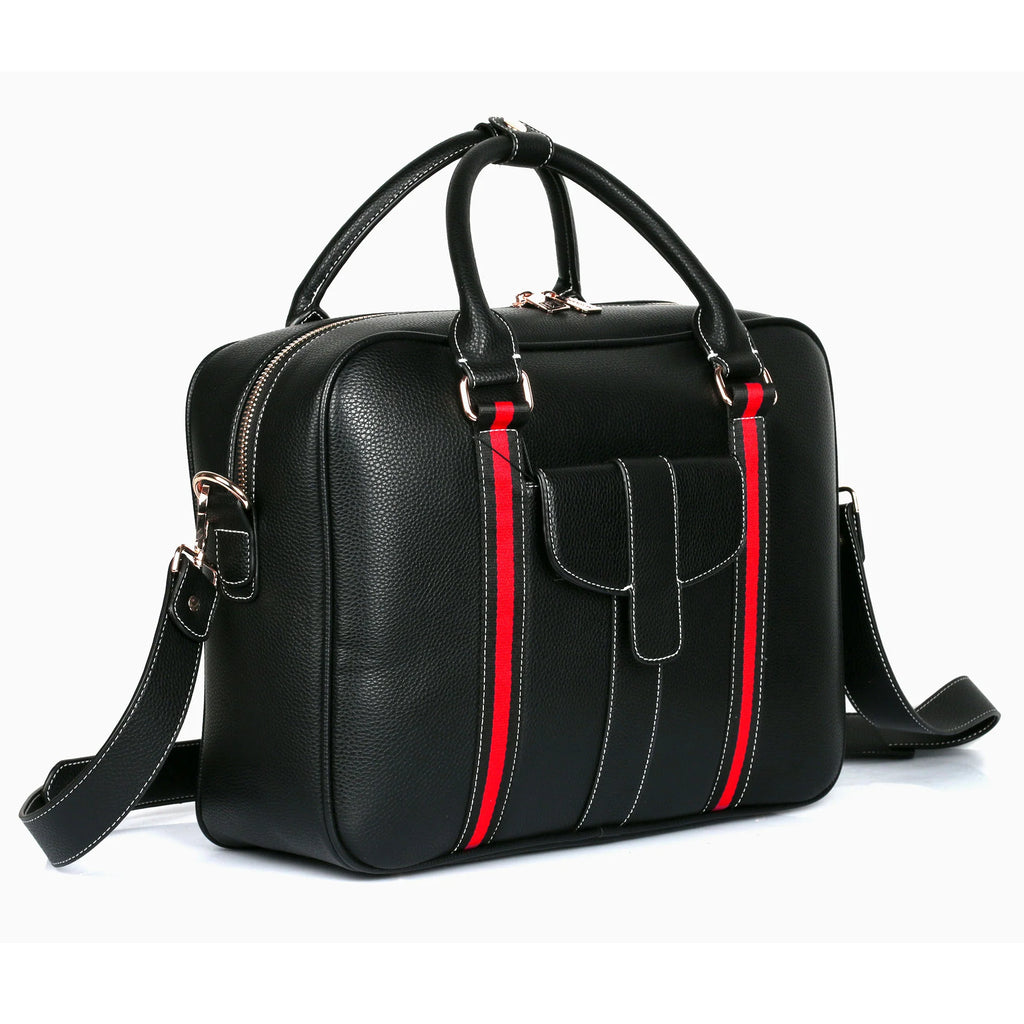 Vegan Leather Briefcase with Front Pocket in Red Stripe - view 3 - Karla Hanson