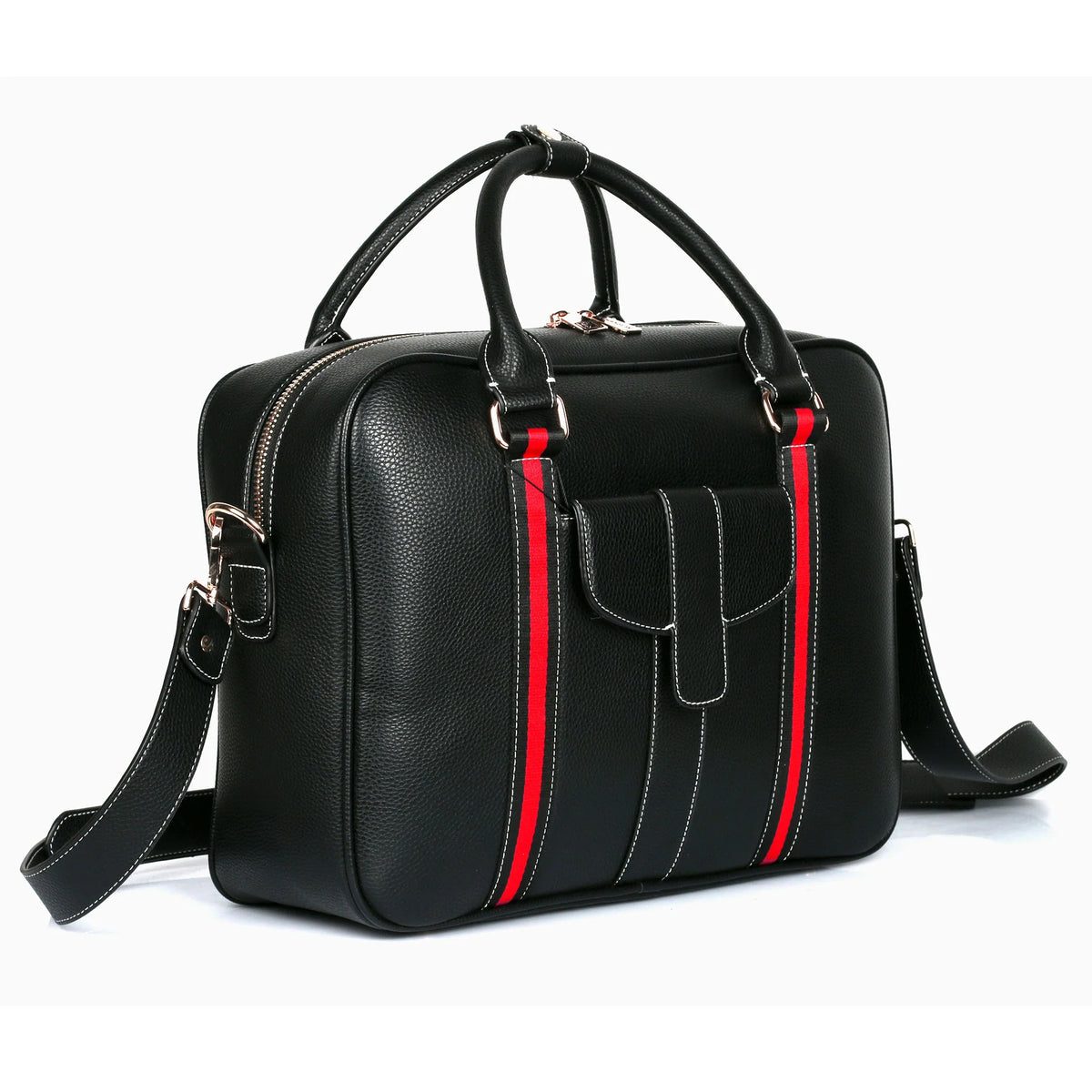Vegan Leather Briefcase with Front Pocket in Red Stripe - view 3 - Karla Hanson