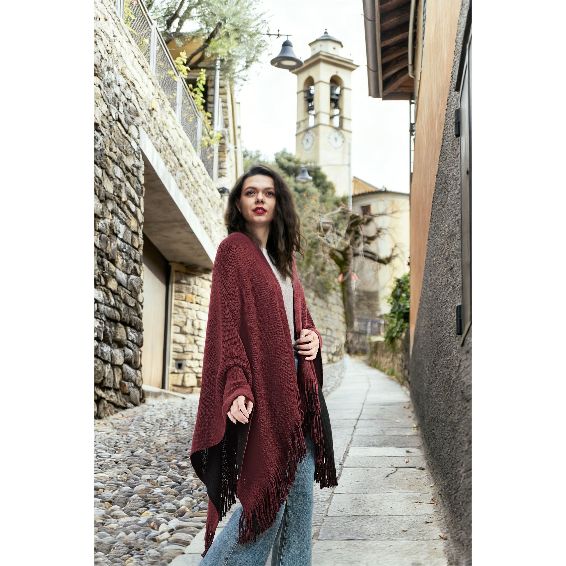 Karla Hanson Women's Reversible Knit Poncho Shawl Burgundy - Karla Hanson
