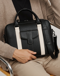 Vegan Leather Briefcase with Front Pocket - stripe view - Karla Hanson
