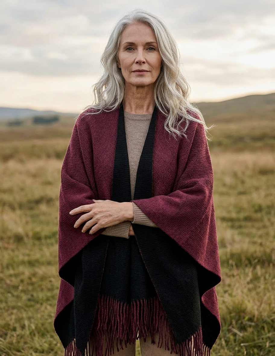 Karla Hanson Women's Reversible Knit Poncho Shawl Burgundy