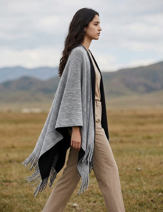 Karla Hanson Women's Reversible Knit Poncho Shawl Grey