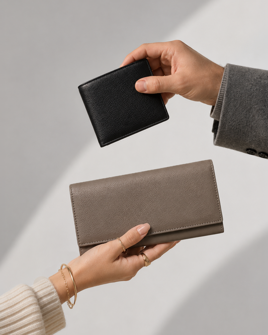 Two hands holding a black mens coin pouch wallet bifold and a taupe leather wallet for women from Karla Hanson against a light grey background
