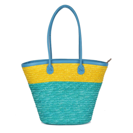 Women's Summer Beach Straw Bag Yellow Aqua - karlahanson.com