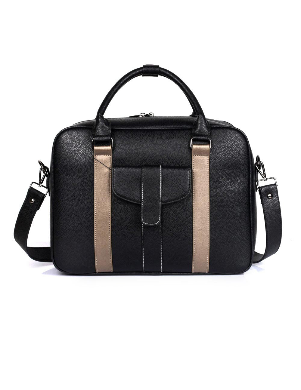 Vegan Leather Briefcase with Front Pocket in Beige Stripe - Karla Hanson