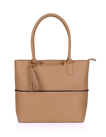 Riley Women's Tote Bag with Tassel - Tan with Black Trim - karlahanson.com