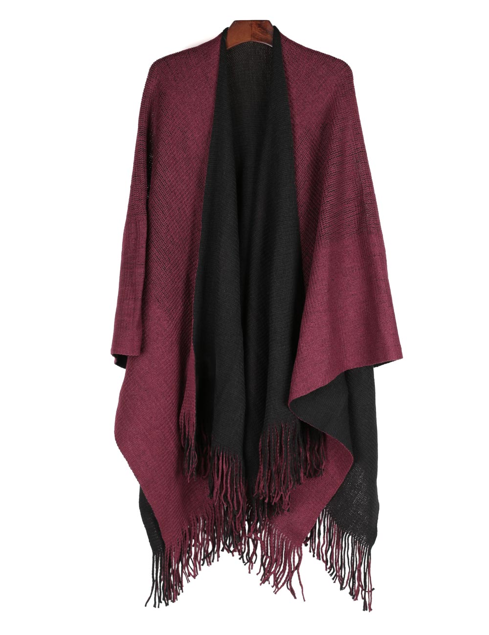 Women's Reversible Knit Poncho Shawl Burgundy Black - karlahanson.com