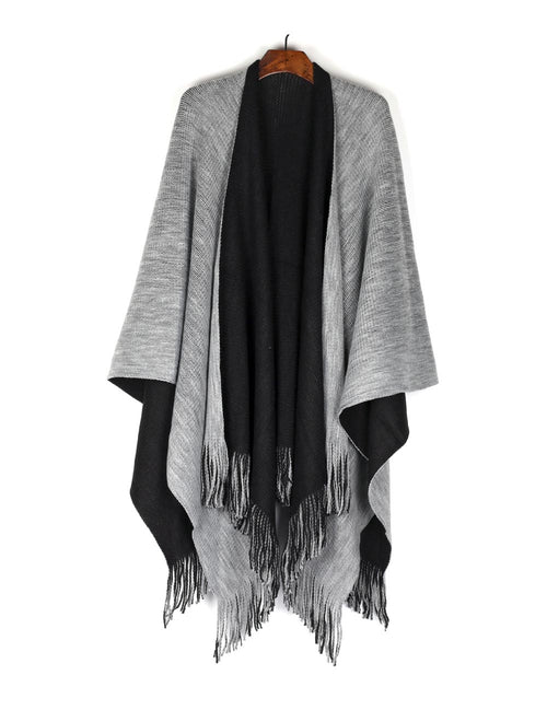 Women's Reversible Knit Poncho Shawl Grey Black - karlahanson.com
