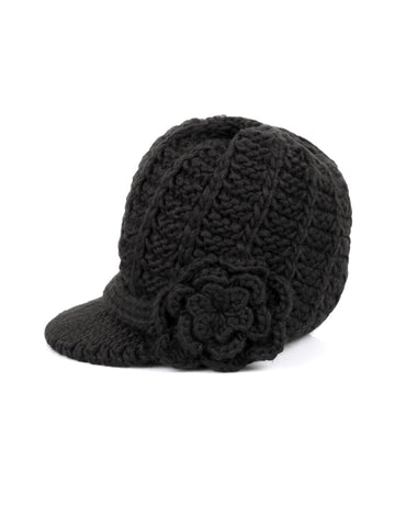 Women's Retro Knit Hat with Floral Embellishment Black - karlahanson.com