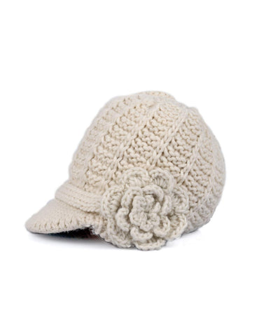 Women's Retro Knit Hat with Floral Embellishment Ivory - karlahanson.com