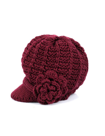 Women's Retro Knit Hat with Floral Embellishment Burgundy - karlahanson.com